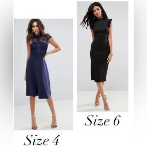 2 ASOS Dresses: Pencil Dress (US6) & navy embroidered dress (US4, runs large).